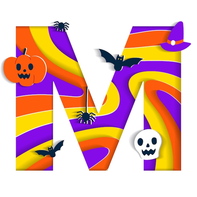 Happy Halloween M Alphabet Font Typography Cartoon Spooky Paper Cutout Type Skull Pumpkin Bat Spider