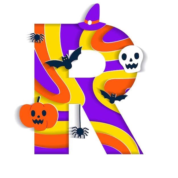 Happy Halloween R Alphabet Font Typography Cartoon Spooky Paper Cutout Type Skull Pumpkin Bat Spider