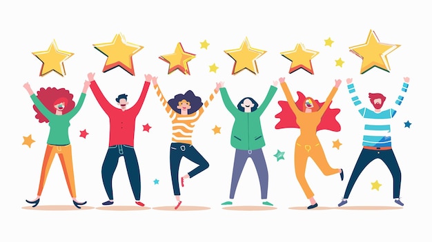 Vector happy jumping people holding stars positive and energetic group celebrating with star symbols