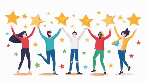 Vector happy jumping people holding stars positive and energetic group celebrating with star symbols