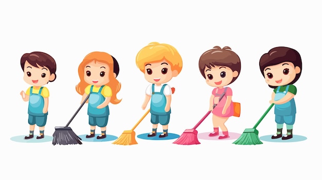 Vector happy kids cleaning together in cartoon style vector illustration