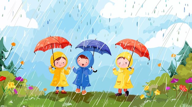 Vector happy kids enjoying rain wearing raincoats