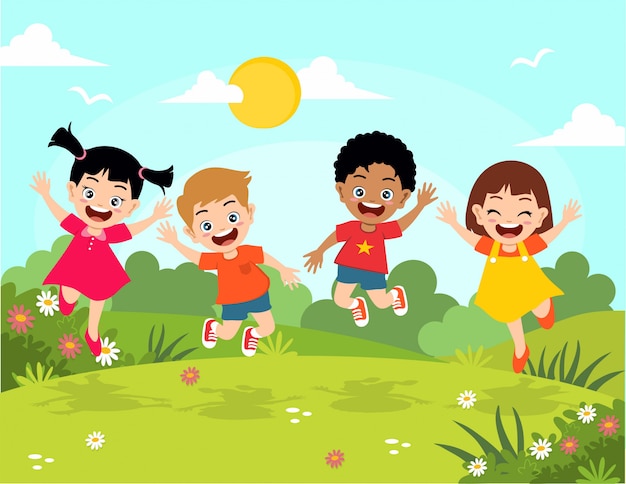 happy kids jumping in garden