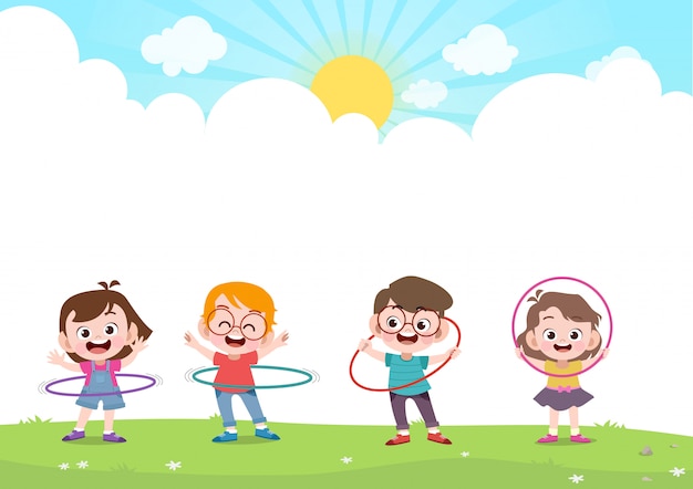 Happy kids playing hulahoop v