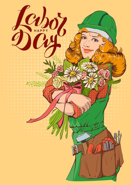 Happy Labor Day. Girl worker in helmet with bouquet of flowers