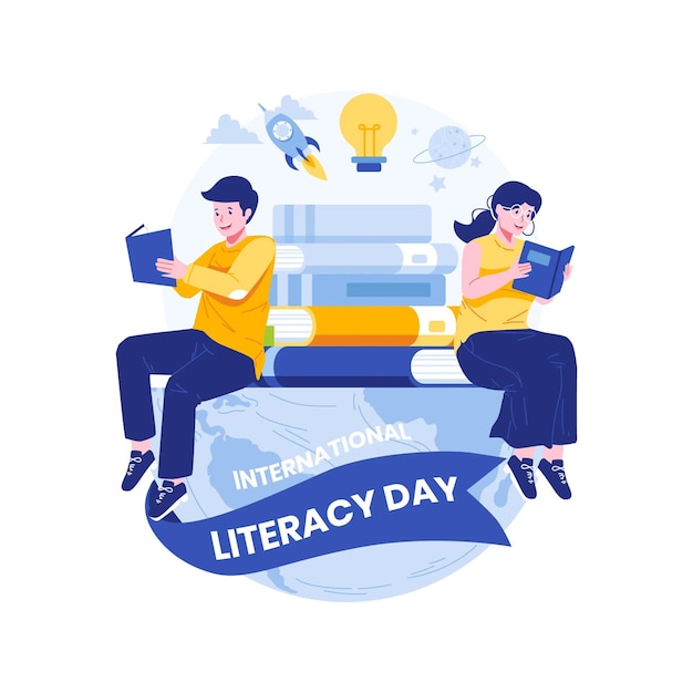 Vector happy literacy day illustration young people celebrate literacy day by reading books