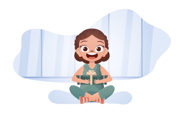 A happy little girl sits in a lotus position with a gift in her hands Vector