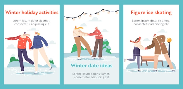 Happy Loving Couples Winter Fun Cartoon Banners Young Pairs in Warm Clothes Skating on Frozen Pond or Winter Ice Rink