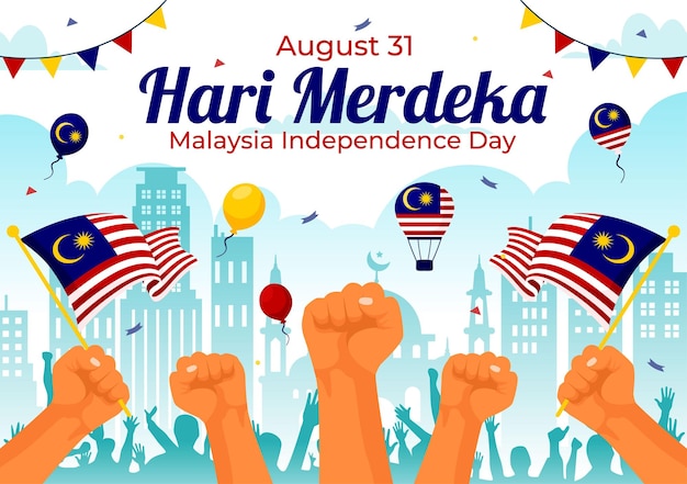 Vector happy malaysia independence day vector illustration on 31 august with waving flag and ribbon in a national holiday flat cartoon background