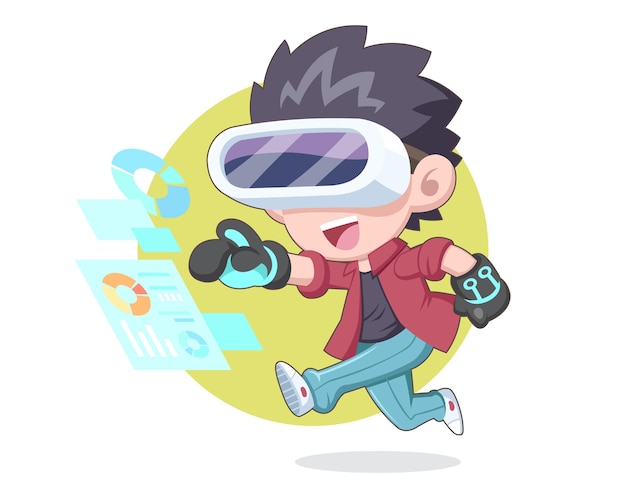 Happy man in cute style wearing VR headset with exciting expression cartoon