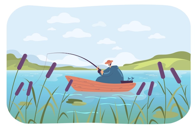 Happy man fishing in boat flat illustration