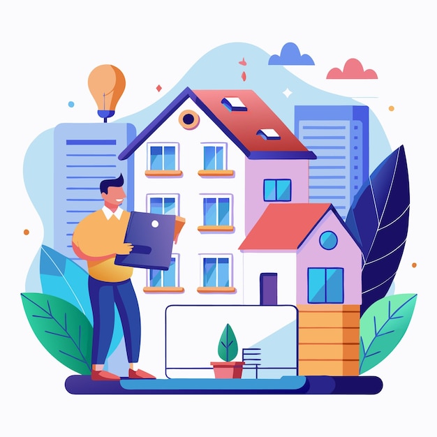 Vector happy man holding a laptop standing in front of two houses in the city