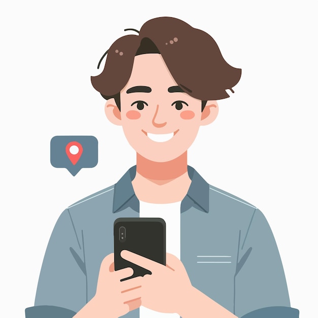 happy man vector holding cellphone