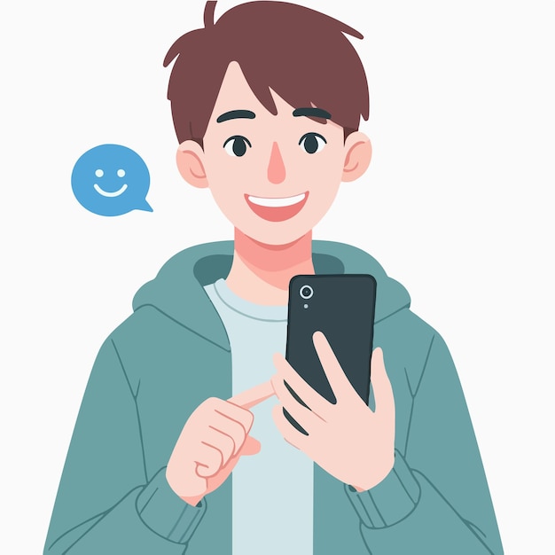 happy man vector holding cellphone