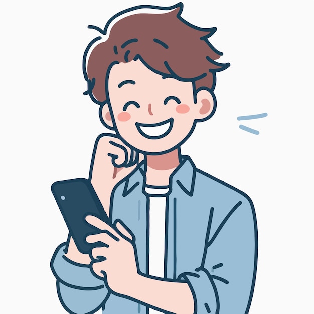 happy man vector holding cellphone