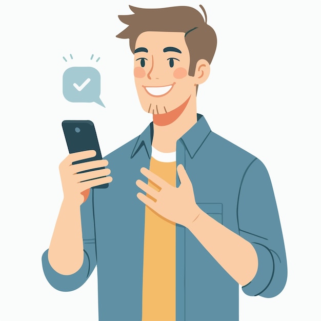 happy man vector holding cellphone