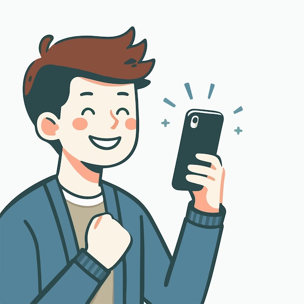 happy man vector holding cellphone