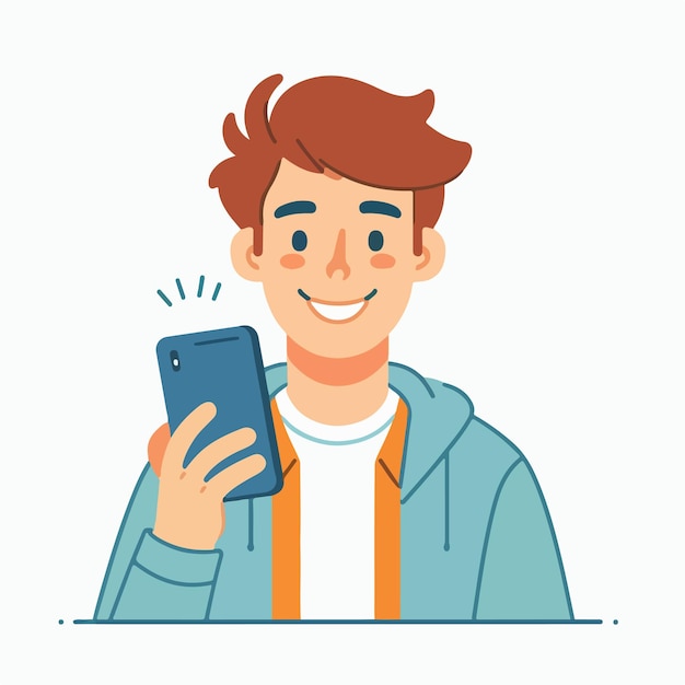 happy man vector holding cellphone