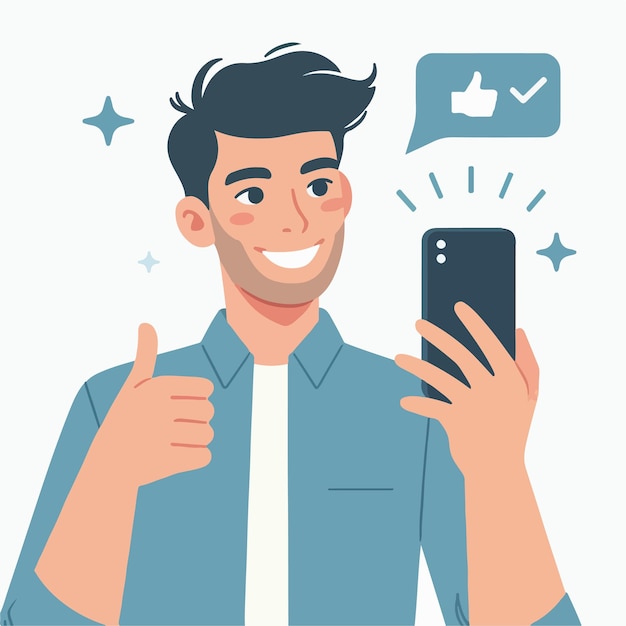 happy man vector holding cellphone