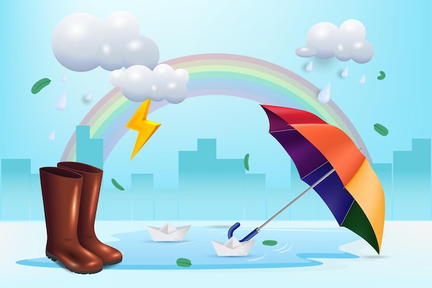 Happy monsoon season background rainbow umbrella clouds thunder paper boat and rain shoes