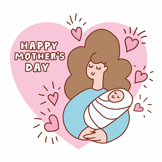 Happy mothers day card with cute mom holding baby in arms