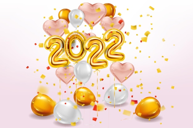 happy new year 2022 gold balloons stage studio golden foil numerals pink hearts balloons