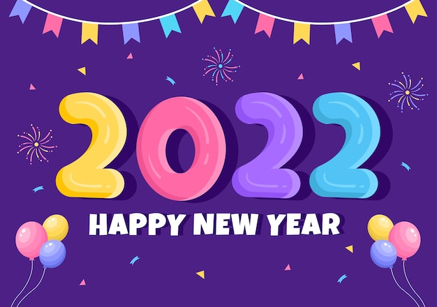 Happy New Year 2022 Template Flat Design Illustration with Ribbons and Confetti on a Colorful Background for Poster, Brochure or Banner