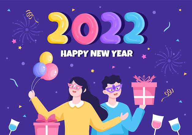 Happy New Year 2022 Template Flat Design Illustration with Ribbons and Confetti on a Colorful Background for Poster, Brochure or Banner