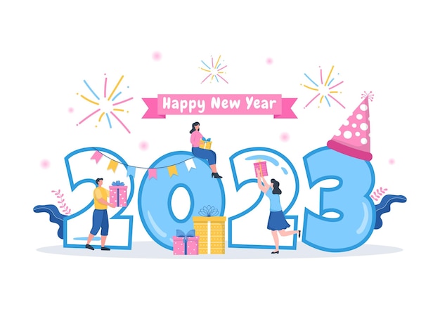 Happy New Year 2023 Celebration Template Hand Drawn Cartoon Flat Background Illustration