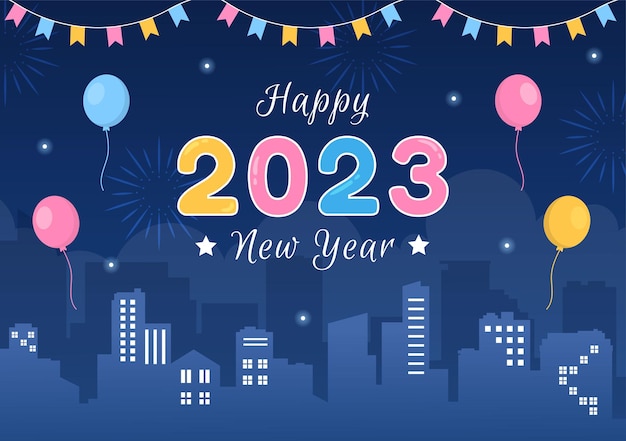 Happy New Year 2023 Celebration Template Hand Drawn Cartoon Flat Background Illustration