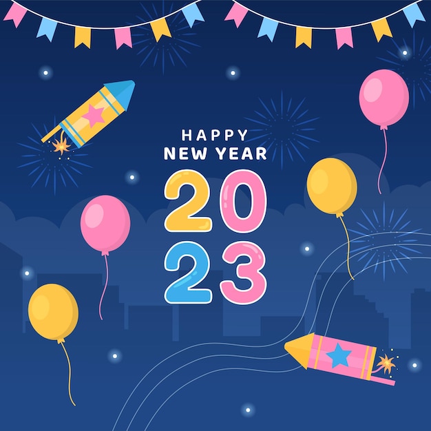 Happy New Year Celebration Flat Cartoon Background Hand Drawn Templates Illustration