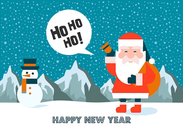 Happy New Year! Merry Christmas inscription and Santa Claus. Vector card.