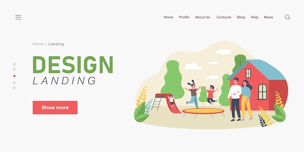 Happy parents and children in backyard playground. Married couple looking at kids playing outside flat vector illustration. Family, childhood concept for banner, website design or landing web page