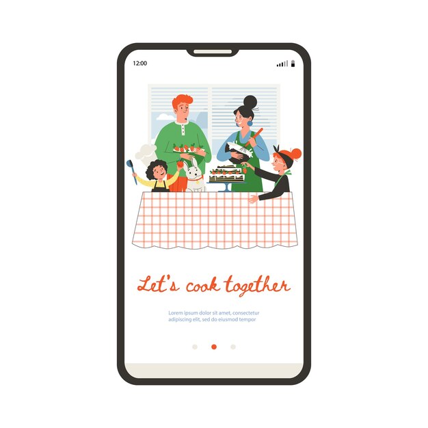 Vector happy parents cooking together with their children user interface template for mobile app flat vecto