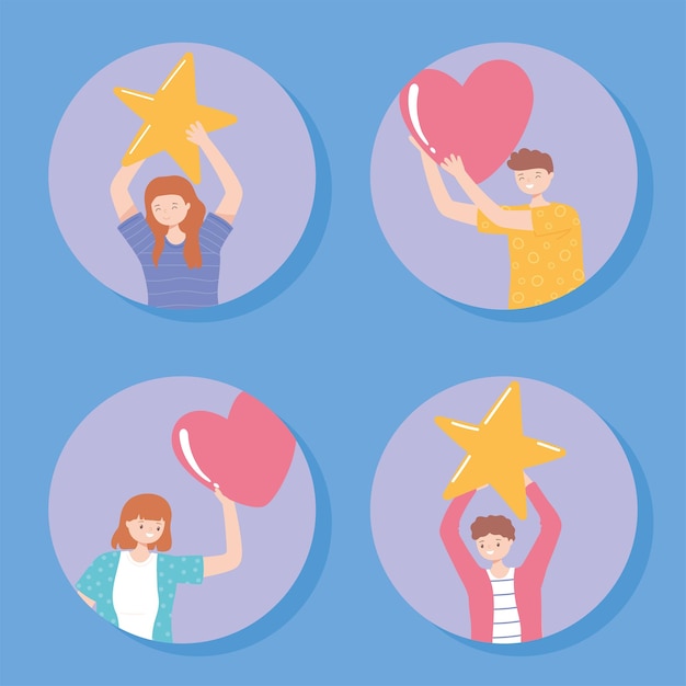 Vector happy people holding big star and hearts, rating and feedback concept illustration