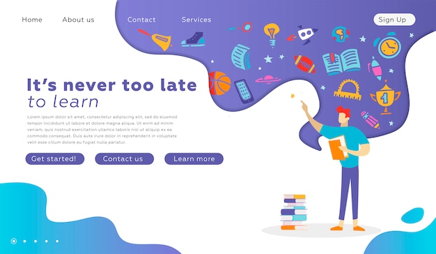 Vector happy student character with book landing page. education graduation concept for website. vector flat cartoon illustration. back to school web design. guy reading a book. school supplies in thoughts