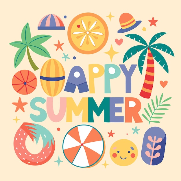 Vector happy summer illustration with beach icons