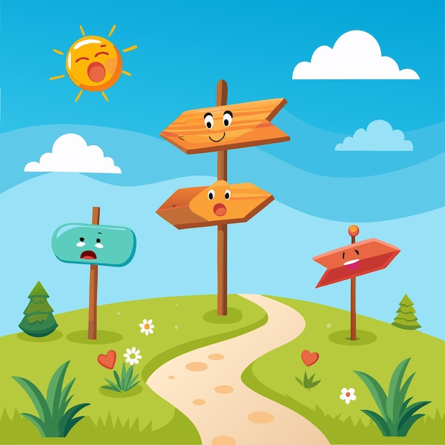 Vector a happy sun smiles down on a path with three directional signs each with its own face and a winding path