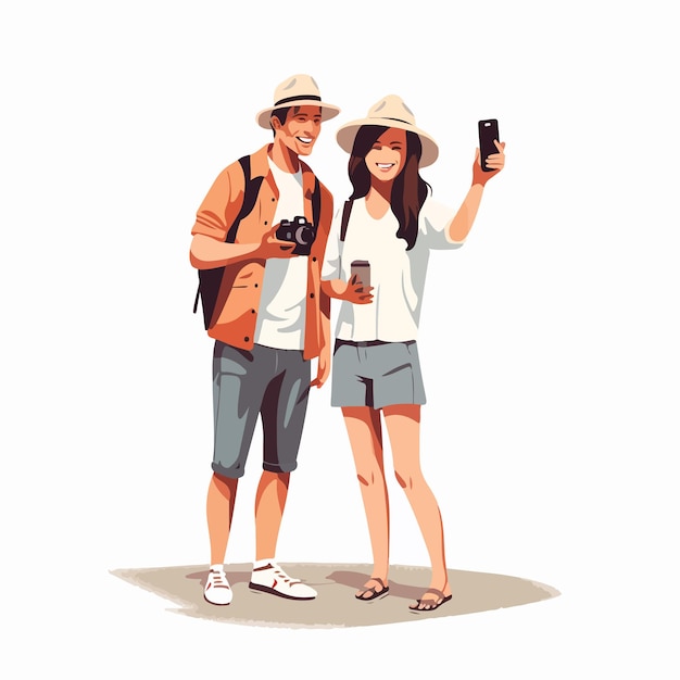 Vector happy tourists couple enjoying summer holidays on beach woman taking photo with smartphone travel