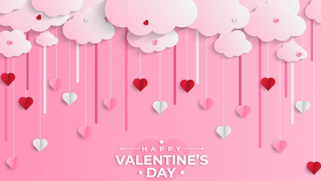 Happy valentines day greeting banner in papercut realistic style. paper hearts and clouds