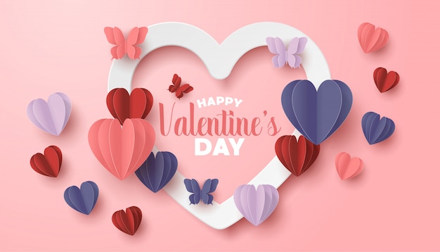 Vector happy valentines day paper cut style with colorful heart shape in pink background