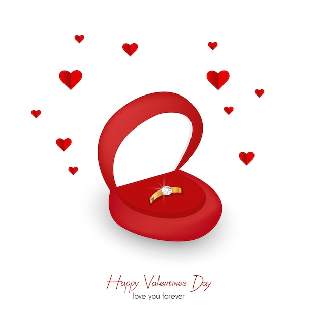 Vector happy valentines day ring box with diamond ring and hearts around