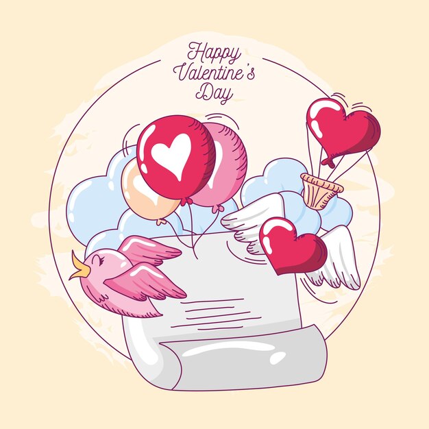 Happy valentines, greeting card bird balloons and message hand drawn style vector illustration