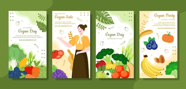 Happy Vegetarian Day or Vegan Social Media Ig Stories Template Hand Drawn Cartoon Flat Illustration