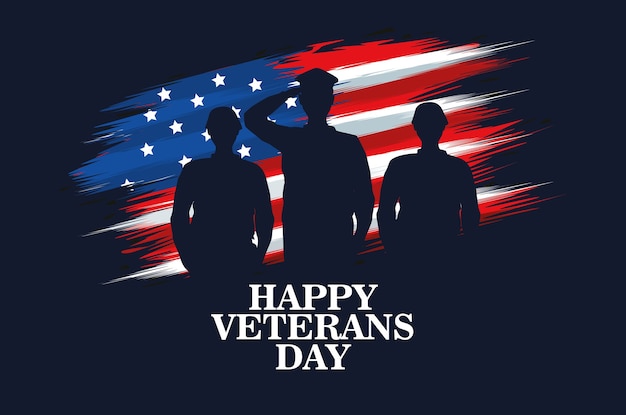 Happy veterans day celebration with military officer and soldiers saluting vector illustration design