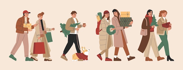 Vector happy walking people carrying gift boxes, christmas trees, shopping bags, prepare for xmas, new year