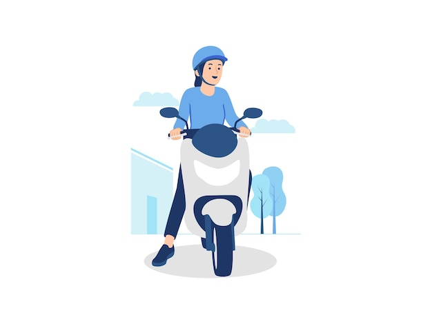 Vector happy woman biker wearing helmet riding motorbike motorcycle in city street concept illustration