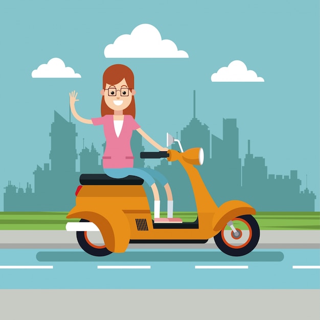 Vector happy woman glasses riding scooter urban background