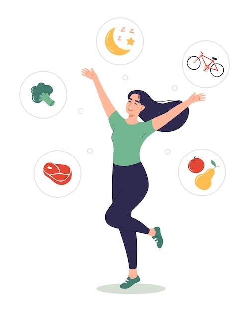 Vector happy woman leads a healthy lifestyle healthy lifestyle concept flat vector illustration