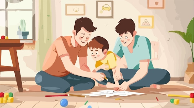 Vector happy young father and children drawing together at home